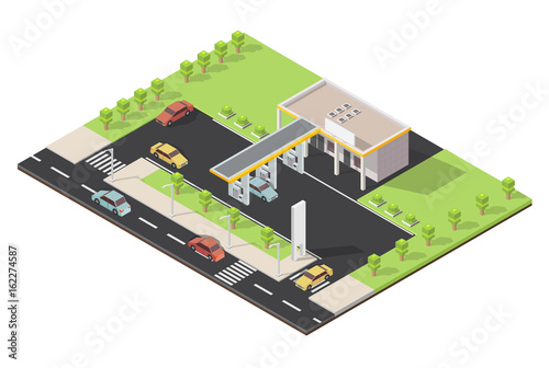 Isometric Gas filling station Vector flat illustration of oil service for with shop elements and background