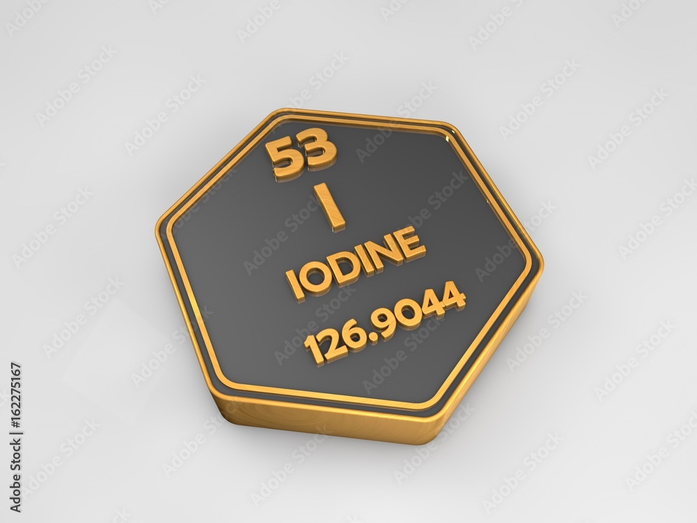 Iodine - I - chemical element periodic table hexagonal shape 3d render