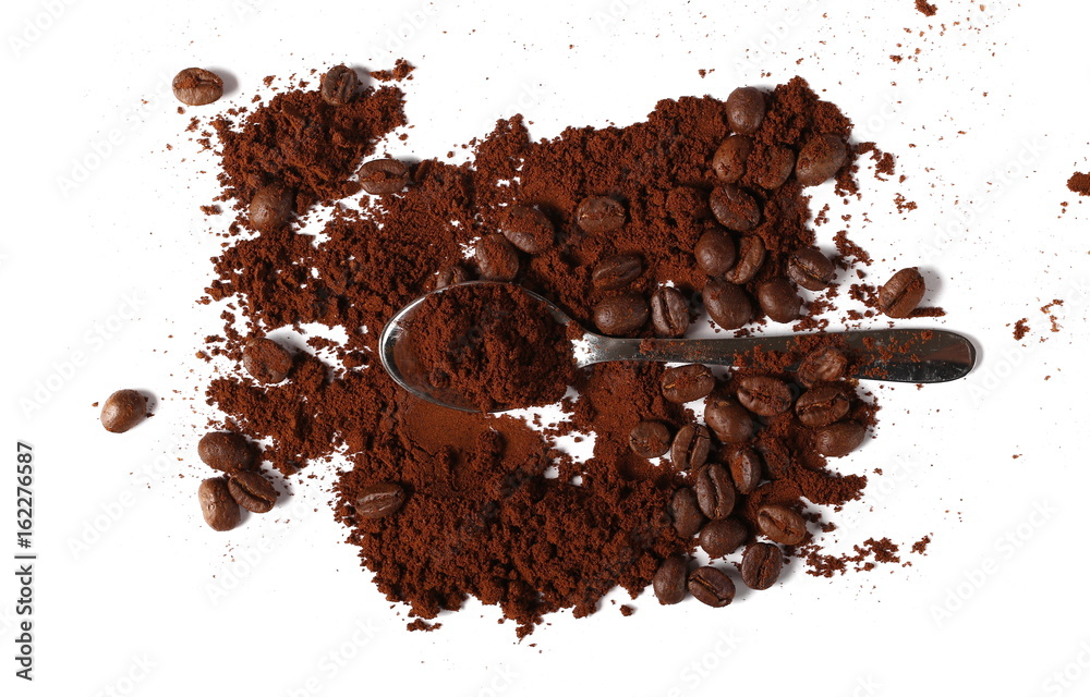 Fototapeta premium Pile of powdered, instant coffee, beans and metal spoon isolated on white background, top view
