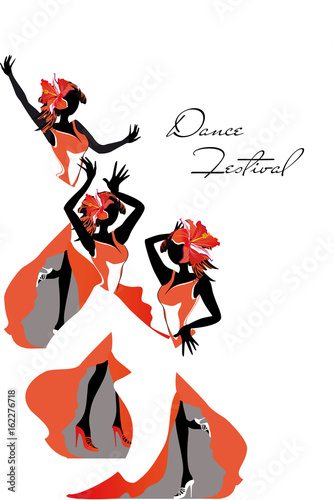 Girls in passionate Latin American dances. Salsa festival. Hand drawn poster background.
