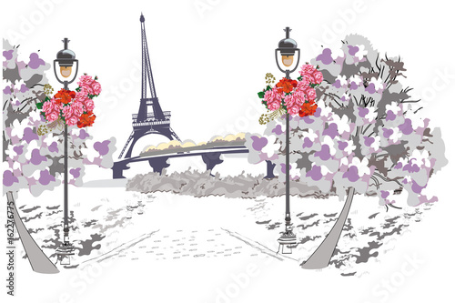 Background with the view of the Eiffel tower in Paris. Hand drawn illustration.