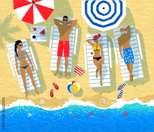 Vector illustration of people resting on sun beds