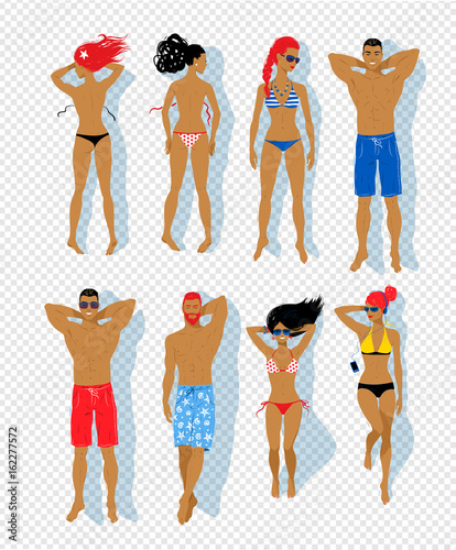 Top view vector set of sunbathing people