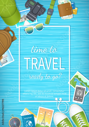 Time to travel web banner design. Summer holiday, preparing for vacation, travels, journey. Top view of luggage, photos, air ticket, passport, wallet, camera, compass, shoes, watch Vector illustration