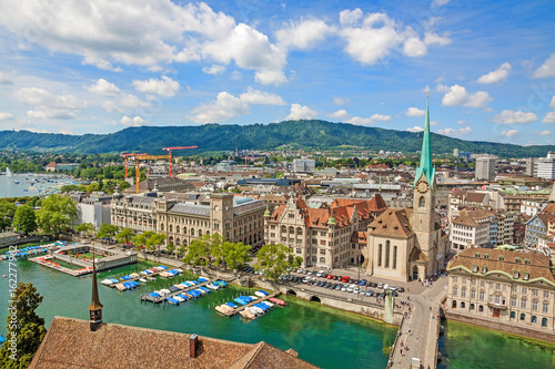 Minster Fraumunster with city center of Zurich, Switzerland - aerial view