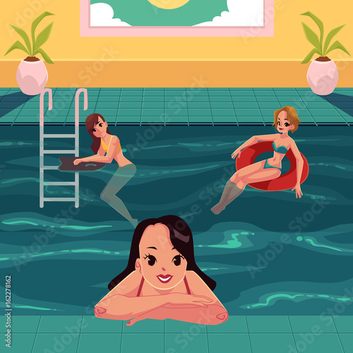 Women in pool, leaning to swim, relaxing on inflatable ring, leaning on nosing, cartoon vector illustration. Woman in bikini having fun in big pool, relaxing and swimming