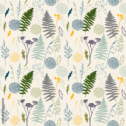 Vector floral seamless pattern with  wild meadow  grasses, fern leaves and st...