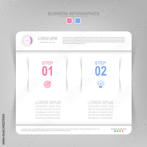 Infographic template of two steps on squares, tag banner, work sheet, flat design of business icon, vector