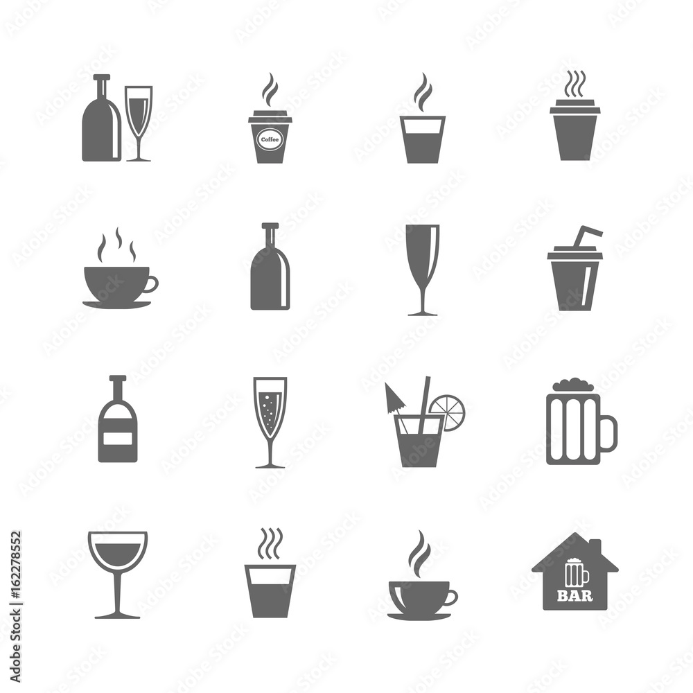 Set of Drinks, Beer and Cocktails icons. Coffee, Tea and Alcohol drinks. Wine bottle, Glass and Bar symbols. Isolated flat icons set on white background. Vector Set of Drinks, Beer and Cocktails icons. Coffee, Tea and Alcohol drinks. Wine bottle, Glass and Bar symbols. Isolated flat icons set on white background. Vector