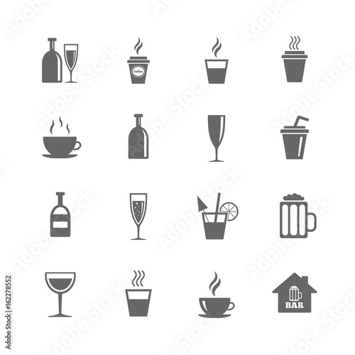 Set of Drinks  Beer and Cocktails icons. Coffee  Tea and Alcohol drinks. Wine bottle  Glass and Bar symbols. Isolated flat icons set on white background. Vector