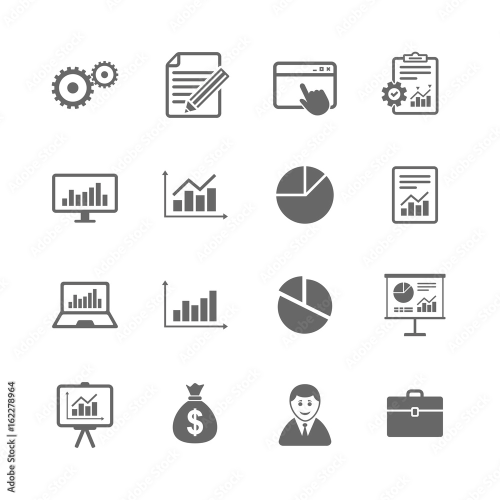 Set of Statistics, Accounting and Report icons. Charts, Presentation and Pie-chart signs. Analysis, Money bag and Business case symbols. Isolated flat icons set on white background. Vector Set of Statistics, Accounting and Report icons. Charts, Presentation and Pie-chart signs. Analysis, Money bag and Business case symbols. Isolated flat icons set on white background. Vector