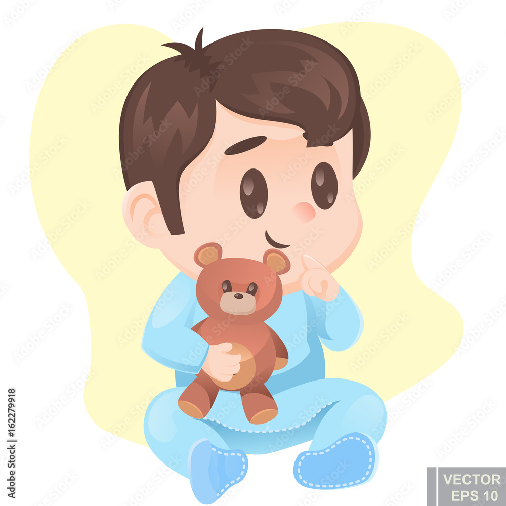 Vector - illustration of cute cartoon baby boy in pajamas with teddy bear happy infant child Vector - illustration of cute cartoon baby boy in pajamas with teddy bear happy infant child