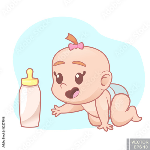 Cute cartoon crawling baby girl on all fours with milk bottle, vector illustration infant child