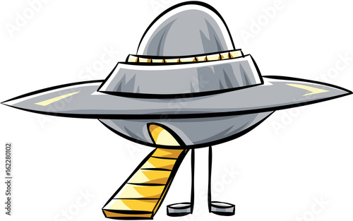 A cartoon, metal flying saucer with an open door and ramp extended.
