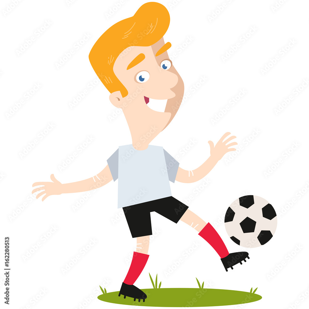 Smiling blond caucasian cartoon soccer player wearing white shirt and black shorts kicking football isolated on white background