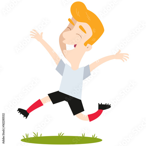 Happy winning blond caucasian cartoon kicker wearing white shirt and black shorts jumping joyfully isolated on white background