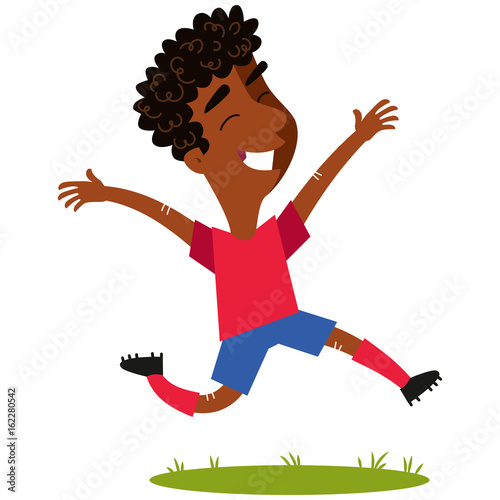 Happy winning african cartoon footballer wearing red shirt and blue shorts jumping joyfully isolated on white background