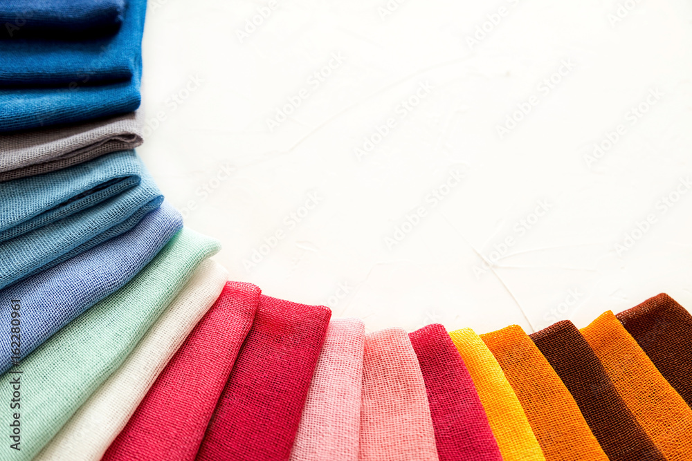 Samples of cotton fabric. Copy space. Colorful textile background