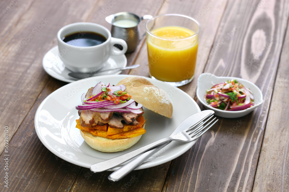 pan con chicharron, peruvian pork sandwich pan con chicharron, peruvian pork sandwich