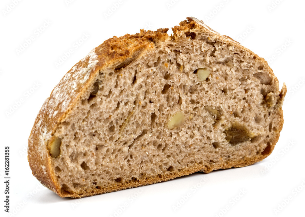 Bread with walnuts on a white background