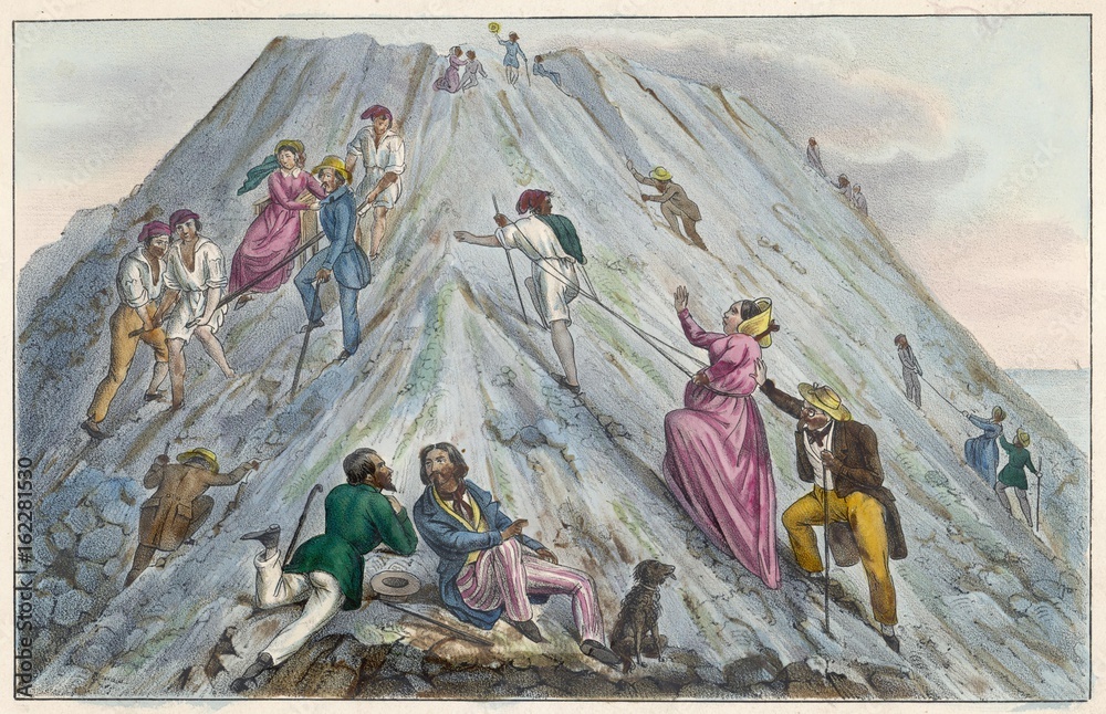 Fototapeta premium Tourists on Vesuvius. Date: circa 1840