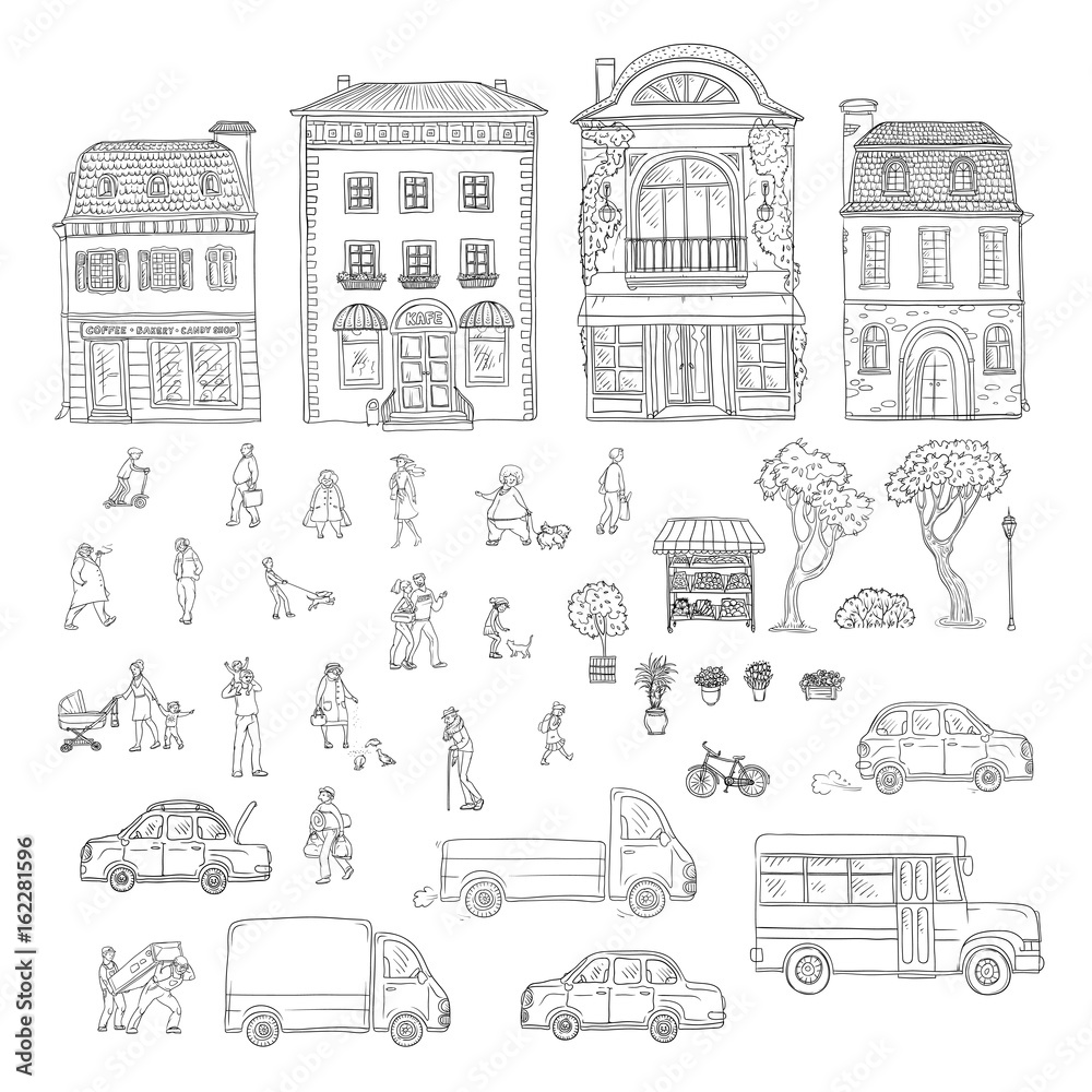 Vector set sketch illustration urban street in the historic European city, trucks and cars. Kit of outdoor plants and flowers, working porters and schoolgirl, woman with kids and other characters.