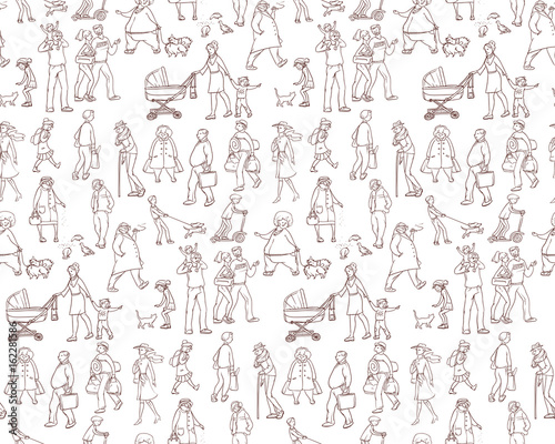 Vector sketch seamless pattern of illustrations walking urban residents. Children and adults on the street in the city. Working porters, schoolgirl, woman with the kids and other characters.