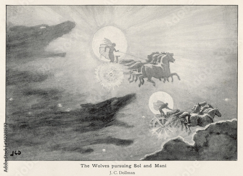 Foto Wolves Skoll and Hati chase the Sun and Moon