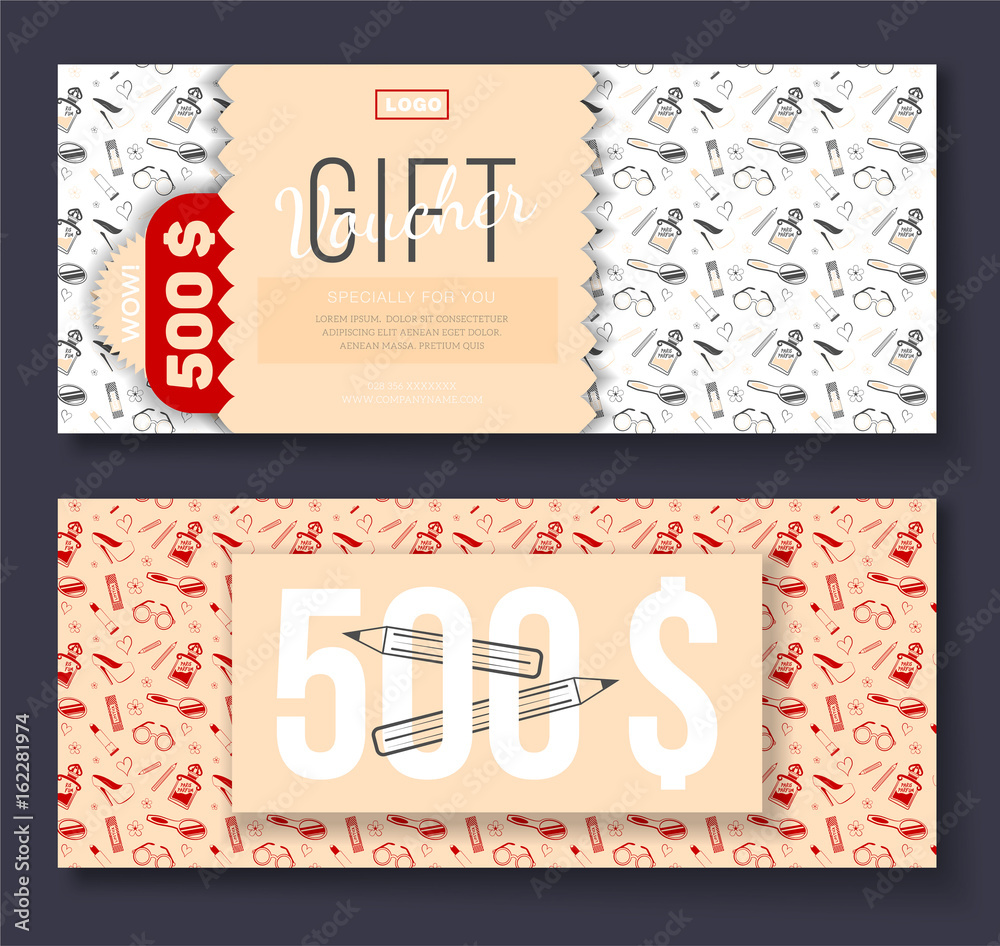 Vector gift voucher with cosmetic icons ornament background for boutique, beauty salon, spa, fashion, flyer. On discount 500$. Vector gift voucher with cosmetic icons ornament background for boutique, beauty salon, spa, fashion, flyer. On discount 500$.