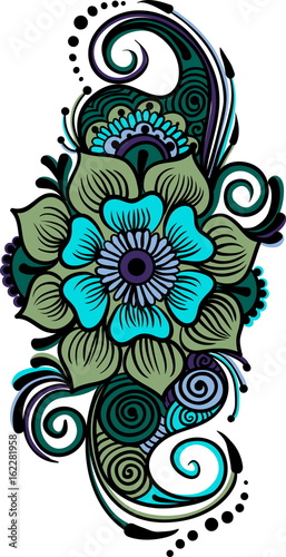 Floristic colorful element in ethnic Indian style, hand drawn vector illustration in blue and turquoise color palette