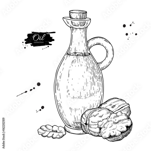 Bottle of walnut oil. Vector Hand drawn illustration. Glass pitcher vintage