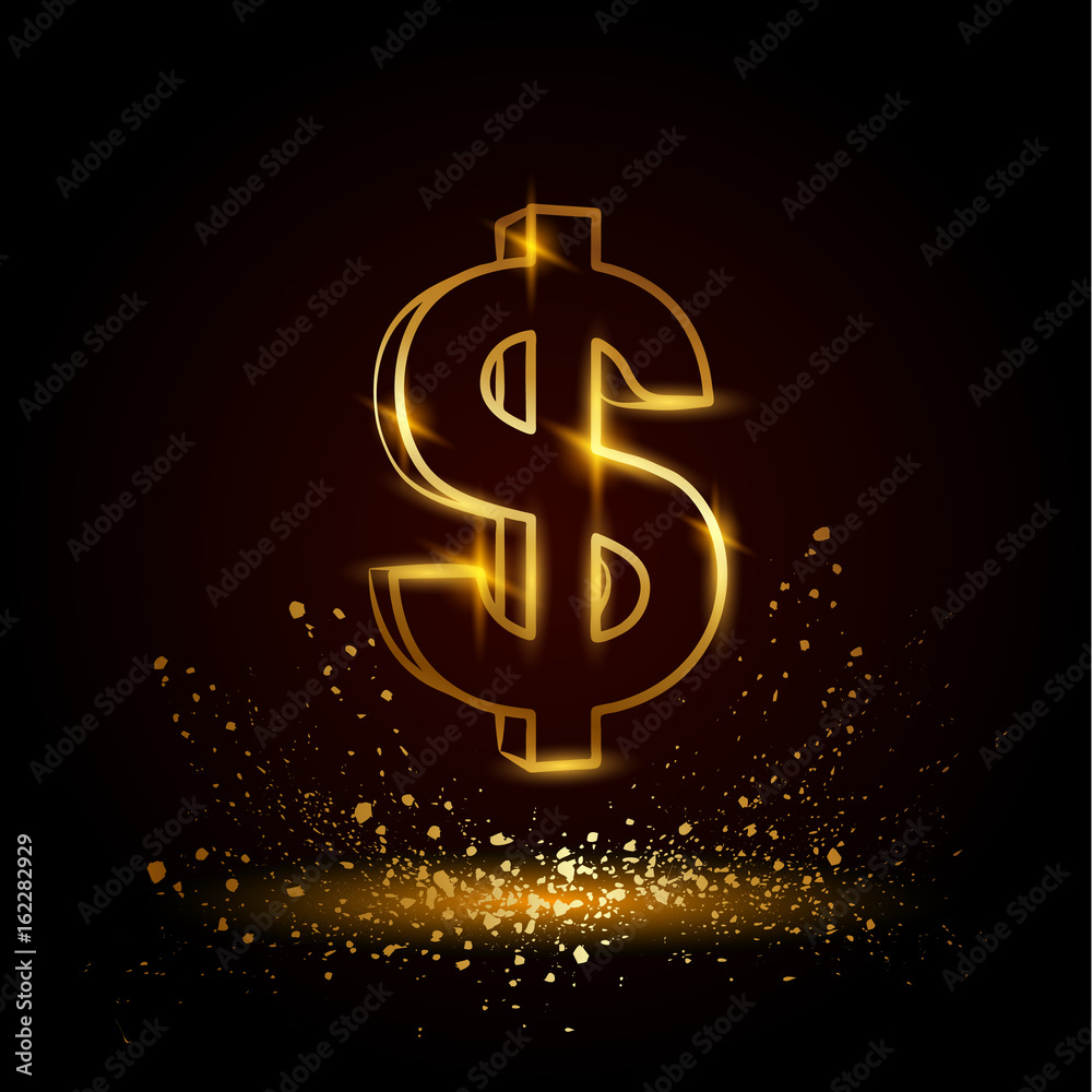 Gold dollar symbol. Currency linear vector illustration on a black background. Gold dollar symbol. Currency linear vector illustration on a black background.