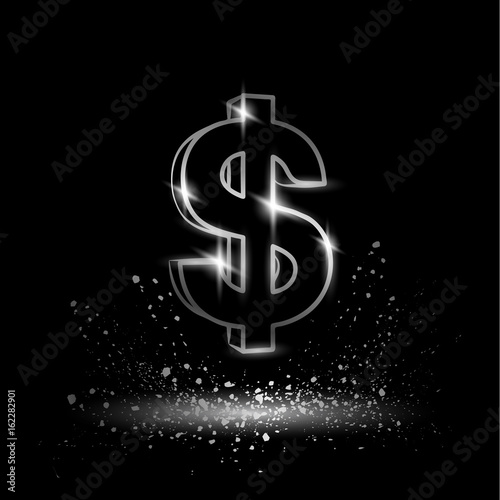 Silver dollar symbol. Currency linear vector illustration on a black background.