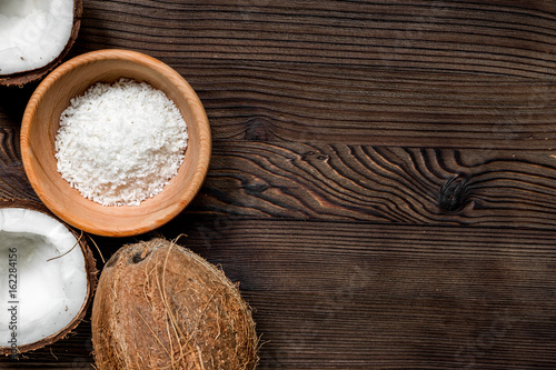 coconut food with flakes in bowl on table background top view mockup