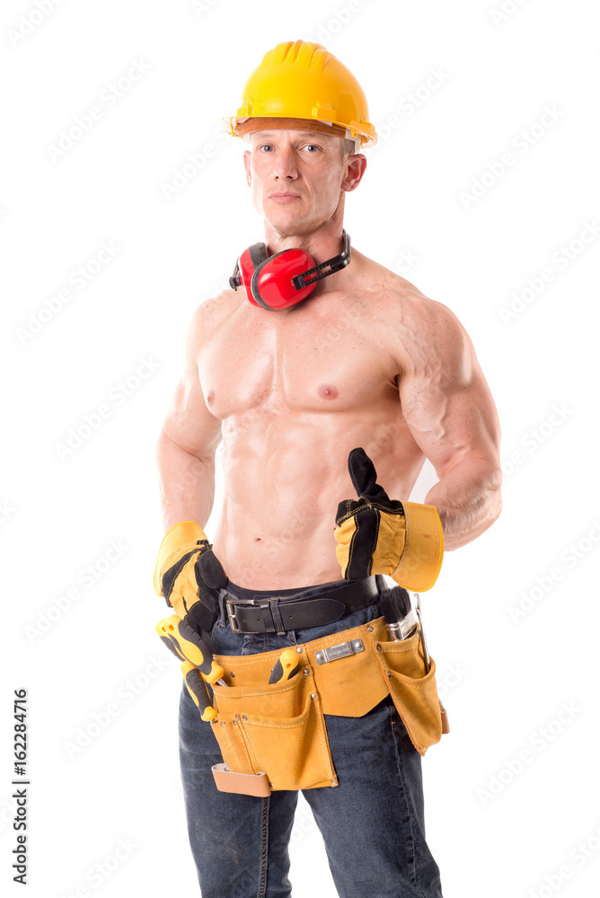 handsome construction worker posing isolated in white handsome construction worker posing isolated in white
