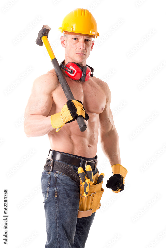 handsome construction worker posing isolated in white handsome construction worker posing isolated in white