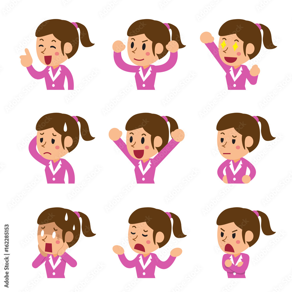 Set of cartoon businesswoman faces showing different emotions Set of cartoon businesswoman faces showing different emotions