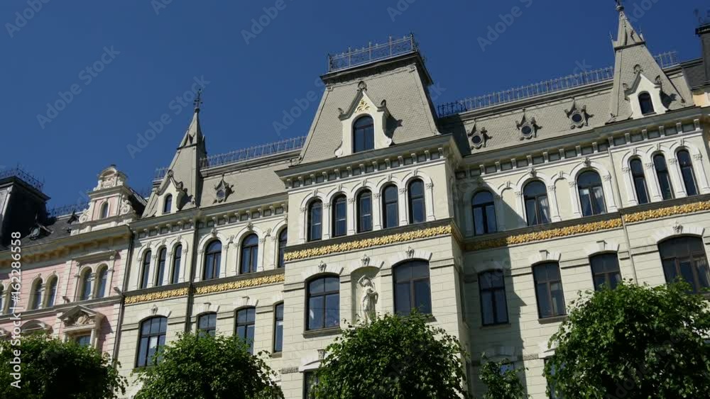 Pan from Art Nouveau apartment buildings in Albert Street in Riga Pan from Art Nouveau apartment buildings in Albert Street in Riga