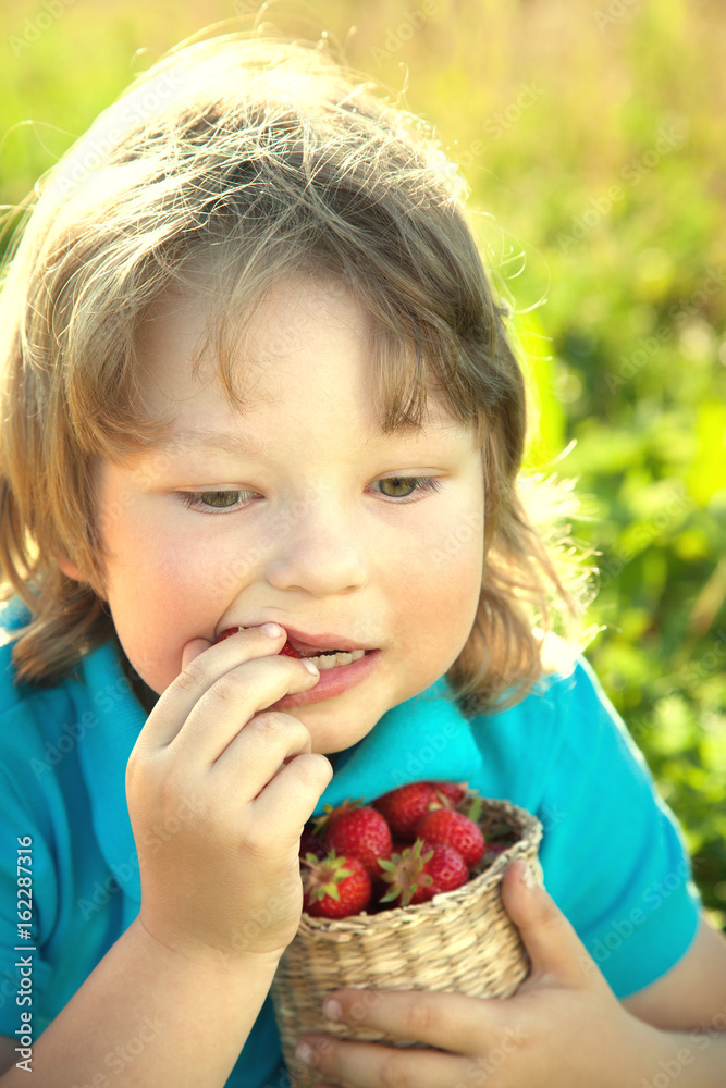 Happy child eating strawberries near a sunny garden with a summer day Happy child eating strawberries near a sunny garden with a summer day