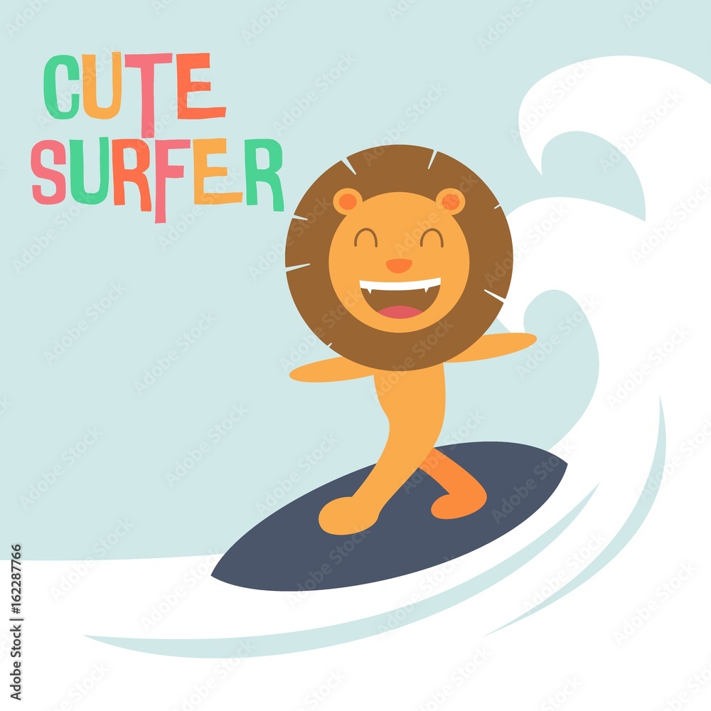 Cute Smiling Happy Lion surfing at the sea, King of the jungle. awesome t-shirt, mug, bag lunchbox, wallpaper, wrapper, poster and banner flat design for kids. vector illustration Cute Smiling Happy Lion surfing at the sea, King of the jungle. awesome t-shirt, mug, bag lunchbox, wallpaper, wrapper, poster and banner flat design for kids. vector illustration