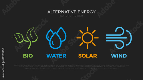 Alternative energy sources. Templates for renewable energy or ecology logos. Nature power symbols. Simple icons photo