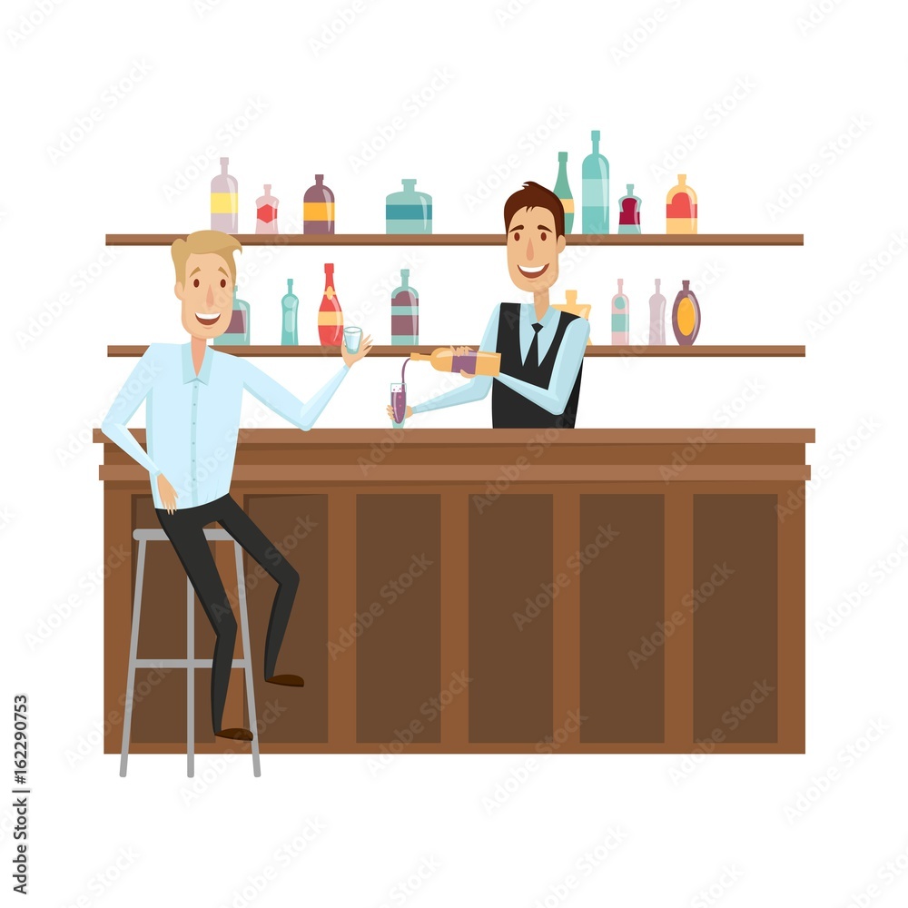 Meet and discuss at the bar with good friends. Flat and cartoon style. White background. Vector illustration. Meet and discuss at the bar with good friends. Flat and cartoon style. White background. Vector illustration.