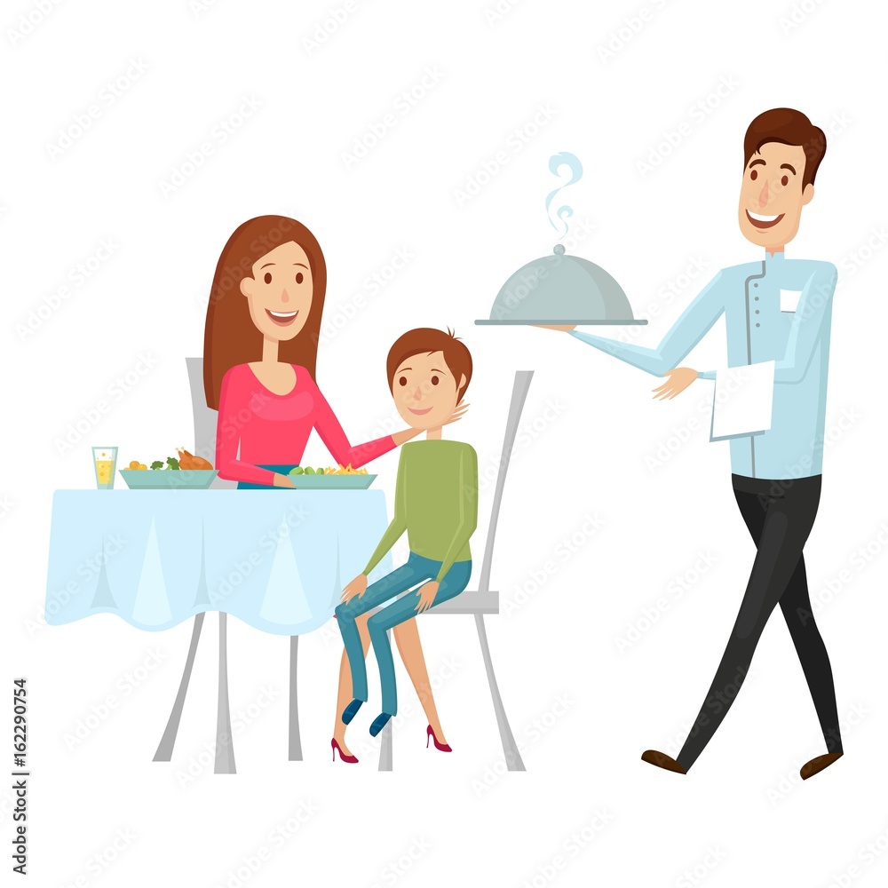 A waiter with a hot dish in the restaurant. Vector illustration on a white background. Flat and cartoon style.