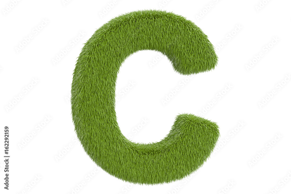 Green letter C from grass closeup, 3D rendering Green letter C from grass closeup, 3D rendering