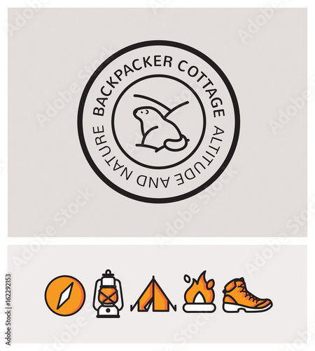 refuge, montagne, logo, identité, randonnée, trekking, marmotte, backpacker cottage