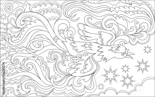 Black and white page for coloring. Magic flying bird. Worksheet for children and adults. Vector image.