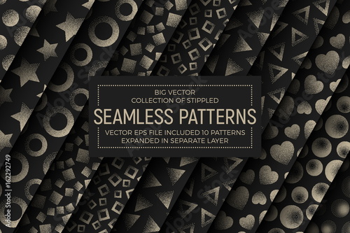 Collection of 10 Different Vector Abstract Stippled Seamless Patterns. Handmade Tileable Vintage and Retro Style Geometric Dotted Grunge Background. Design Element