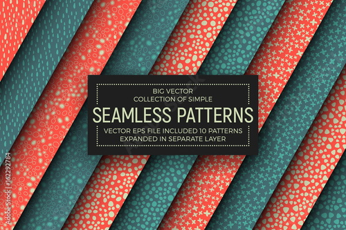 Collection of 10 Different Retro and Vintage Style Simple Vector Abstract Seamless Patterns. Handmade Tileable Stippled Dotted Background. Design Element