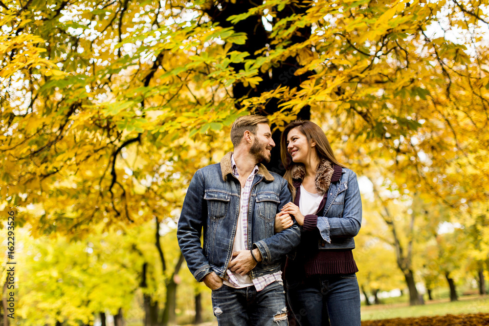 Smiling couple hugging in autumn park Smiling couple hugging in autumn park