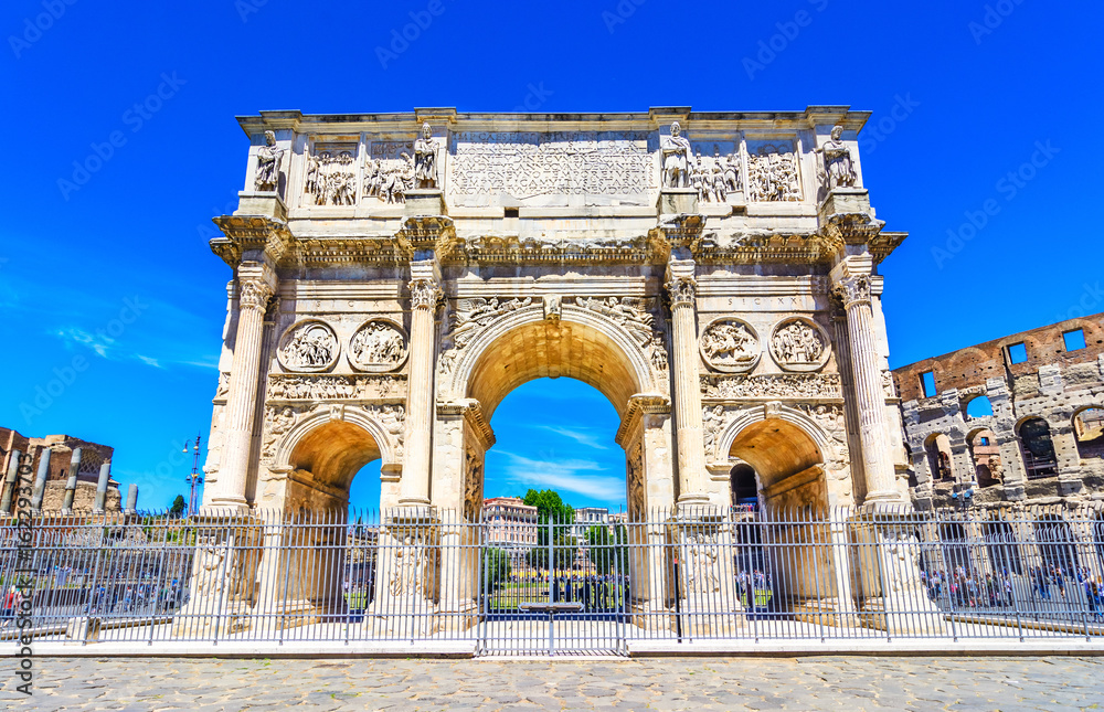 The Arch of Constantine and  the Colosseum in Rome, Italy